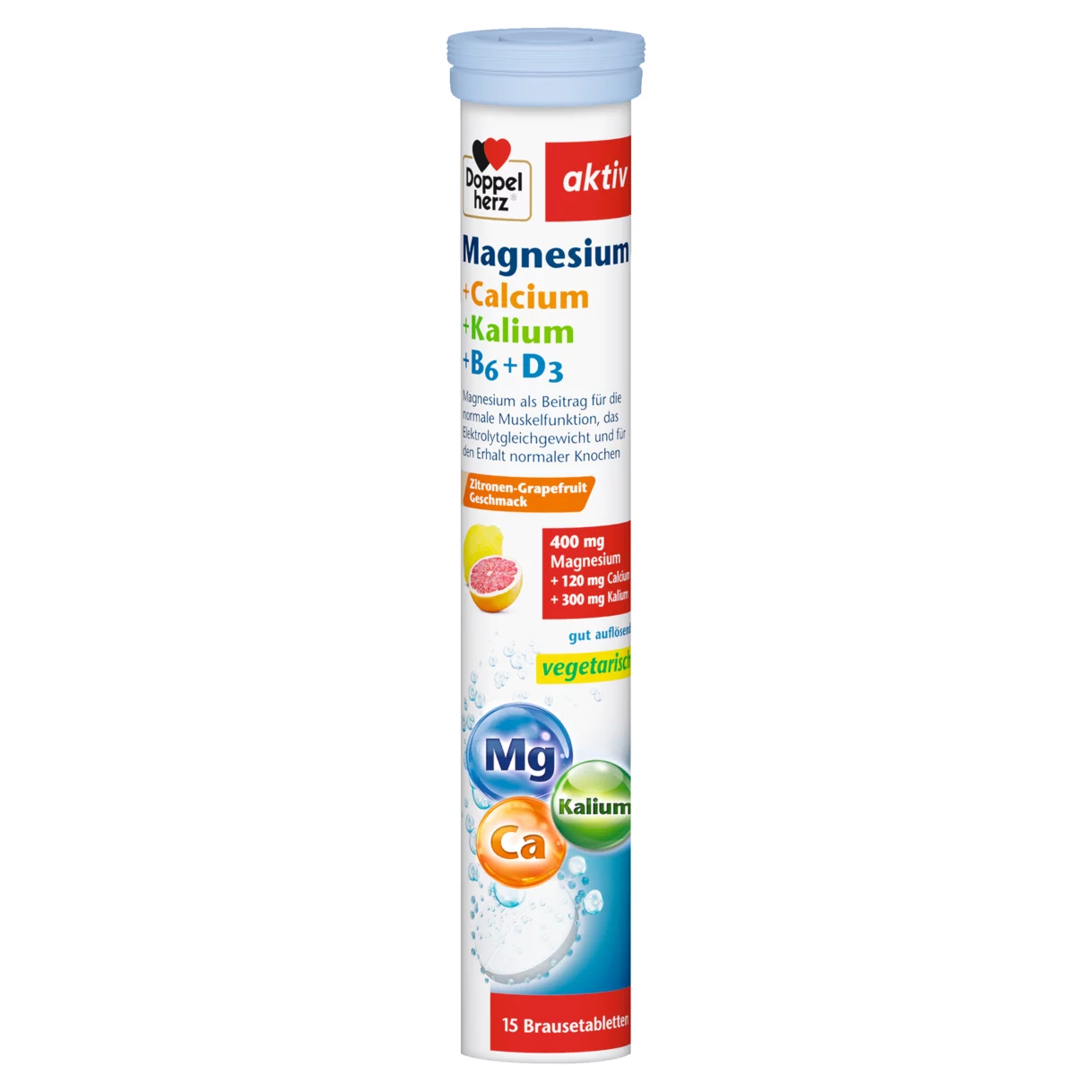 Abbildung der Produktverpackung Doppelherz aktiv Magnesium + Calcium + Kalium + B6 + D3 Frontansicht